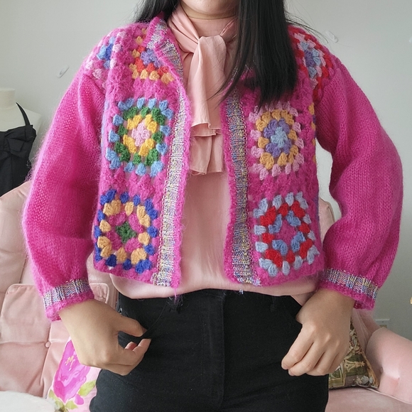 rose carmine Sweaters - Rose Carmine crochet knit cardigan granny square mohair wool size small cropped